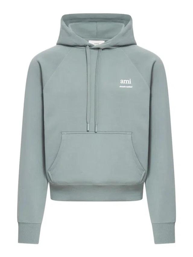 AMI ALEXANDRE MATTIUSSI Logo Print Boxy Cotton Blend Hoodie In Grey Product Image