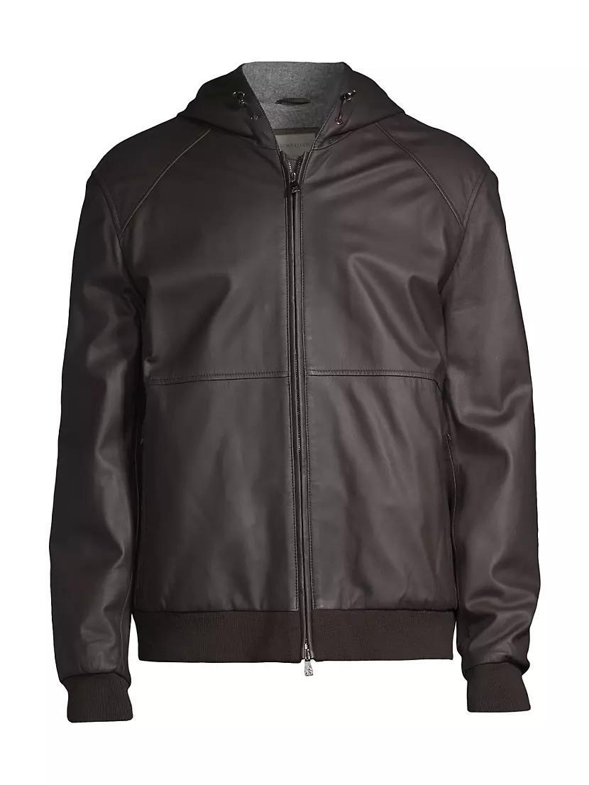 Leather Hooded Bomber Jacket Product Image