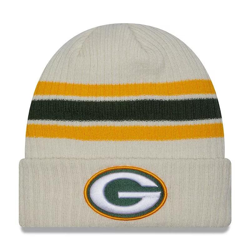 Mens New Era Cream Green Bay Packers Team Stripe Cuffed Knit Hat Product Image