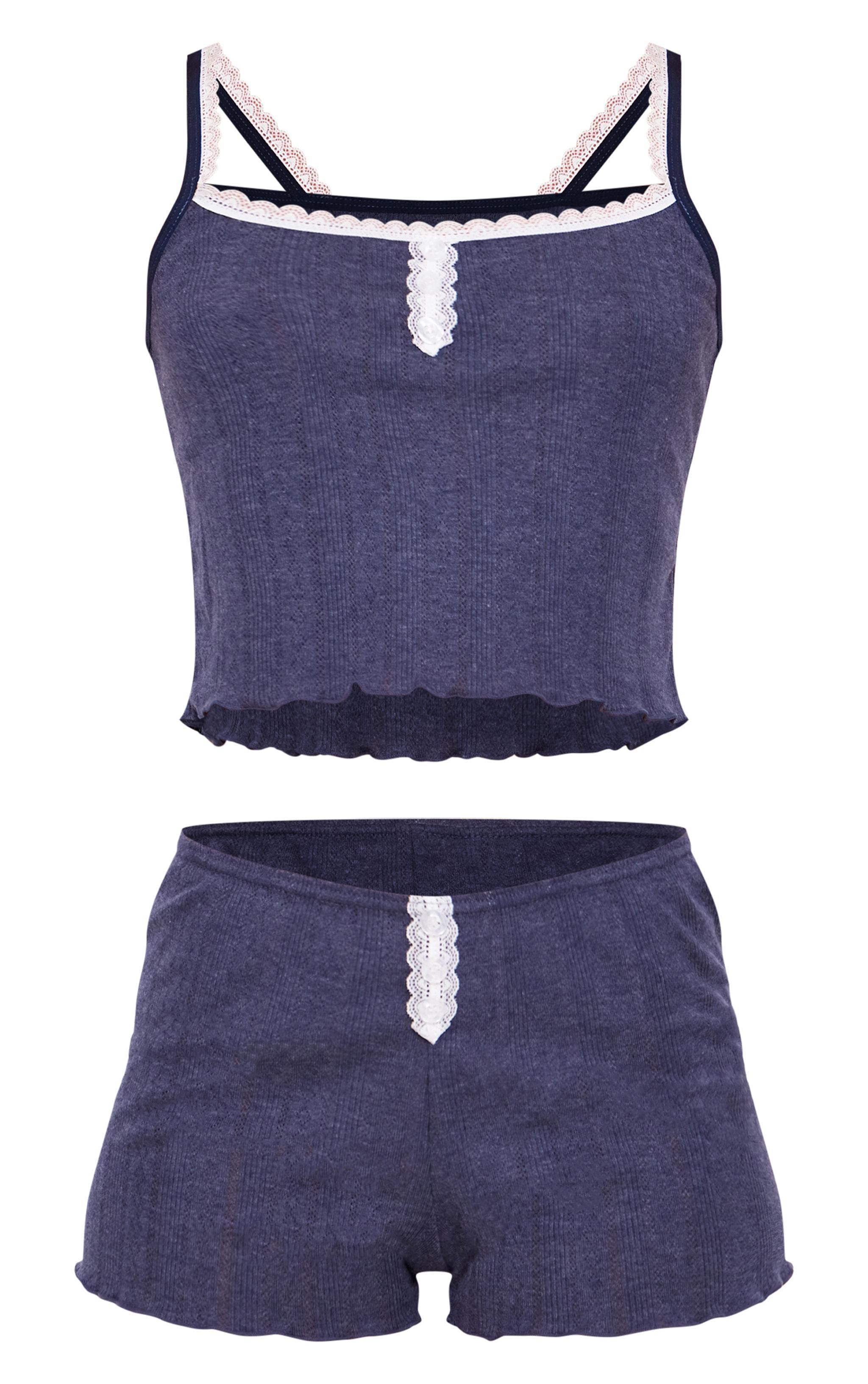 Navy Pointelle Button Cami and Short PJ Set Product Image