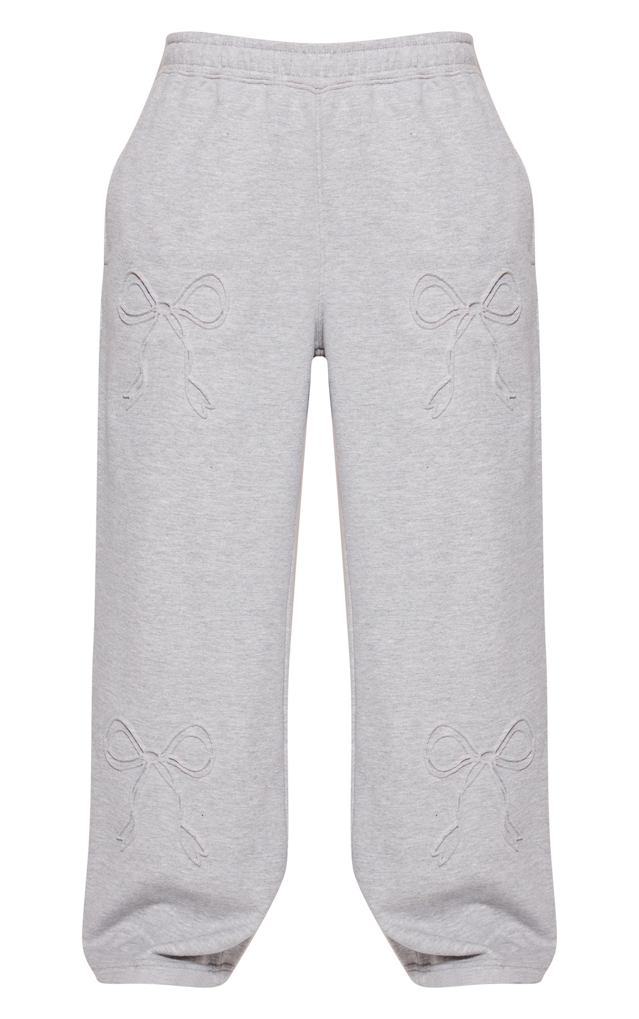 Petite Grey Marl Embossed Bow Detail Wide Leg Sweatpants Product Image