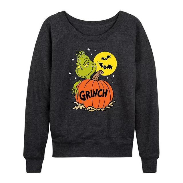 Womens Dr. Seuss Grinch Halloween Pumpkin Lightweight French Terry Sweatshirt Heather Grey Product Image