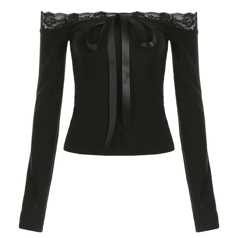 Long Sleeve Off-Shoulder Lace-Trim Plain Bow Accent Slim-Fit Crop Top Product Image