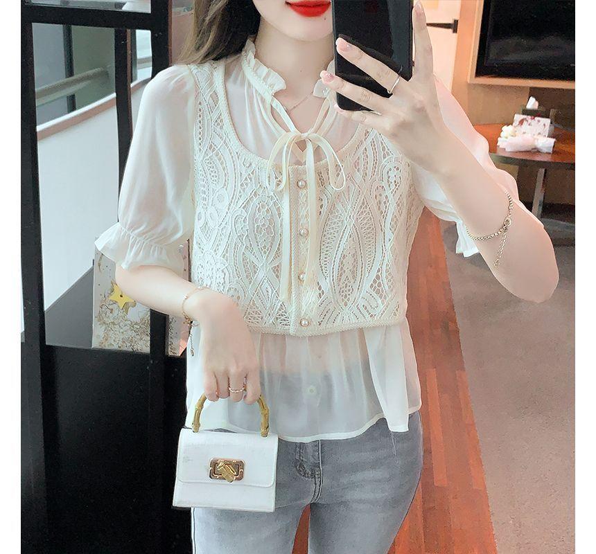 Puff-Sleeve Notch Neck Plain Lace Panel Mock Two-Piece Blouse Product Image