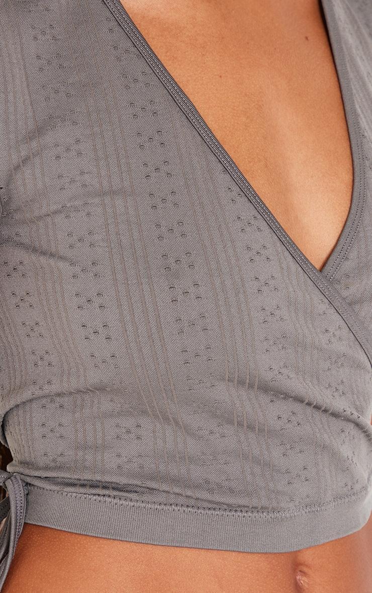 Charcoal Contour Pointelle Cross Over Detail Crop Top Product Image