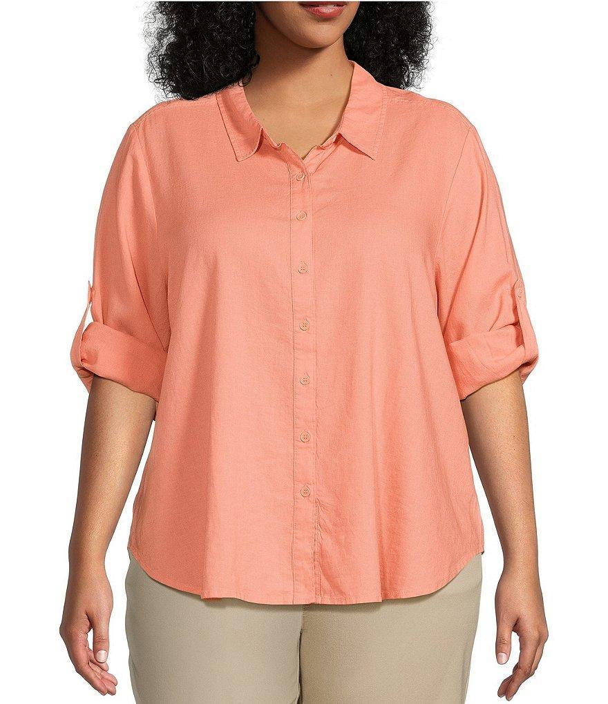 Intro Plus Size Linen Blend Point Collar 3/4 Roll-Tab Sleeve Button-Front Shirt Product Image