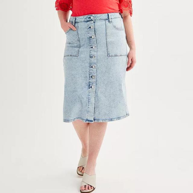 Plus Size Sonoma Goods For Life Button Fly Midi Denim Jean Skirt, Womens Light Blue Product Image