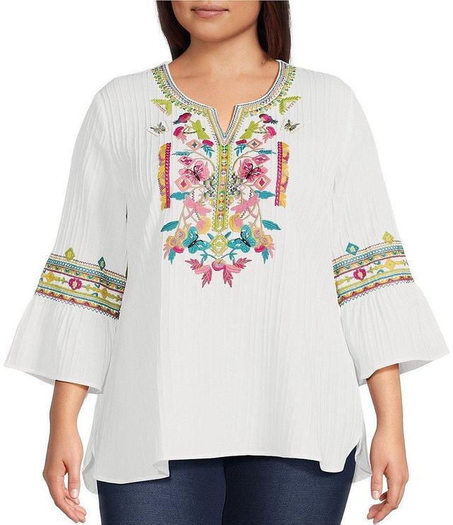 Calessa Plus Size Embroidered Crinkle Woven Split V-Neck 3/4 Ruffled Sleeve Tunic Product Image