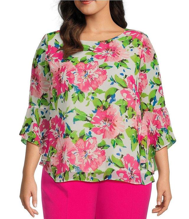 Kasper Plus Size Floral Print Crew Neck Ruffle 3/4 Sleeve Blouse Product Image