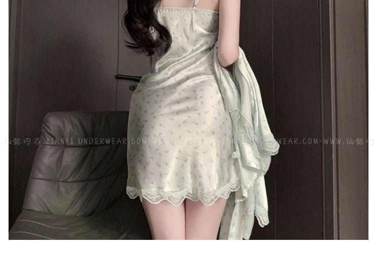 Floral Slit Lace Trim Slip Dress / Robe Product Image