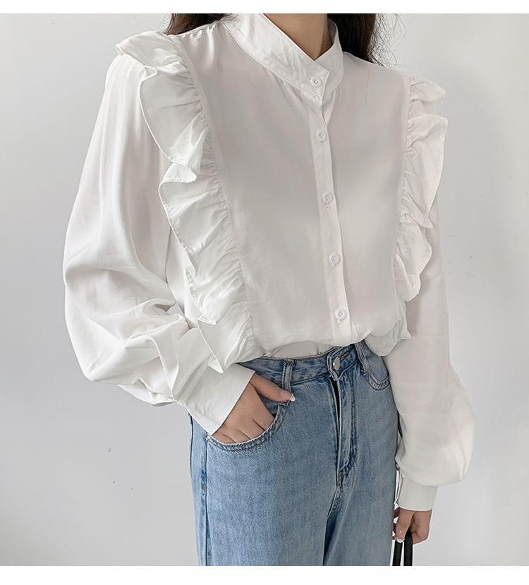 Band Collar Plain Ruffle Trim Shirt Product Image