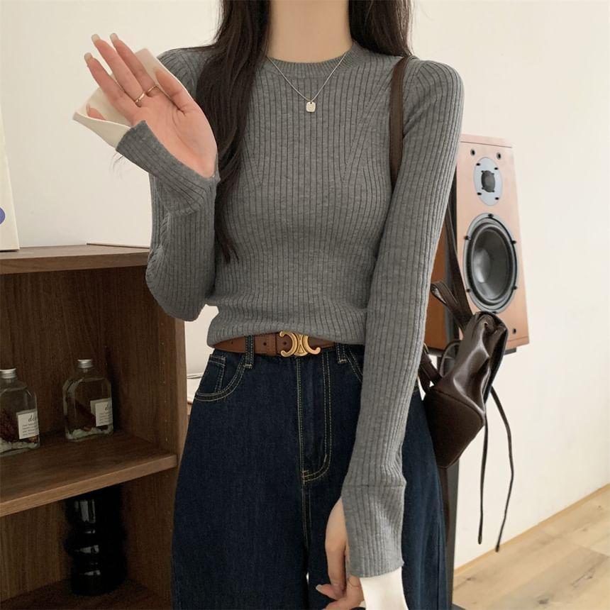 Long Sleeve Crew Neck Two Tone Panel Ribbed Knit Top Product Image