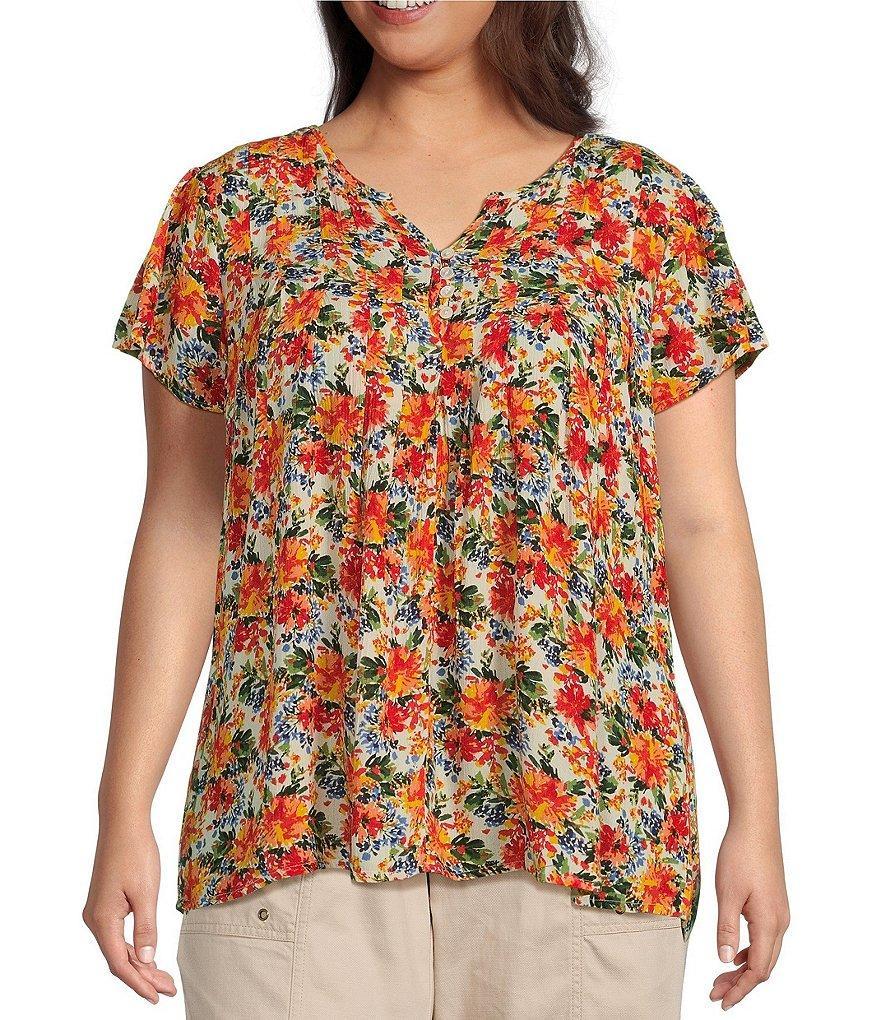 Intro Plus Size Coral Floral Print Crinkle Gauze Split Neck Short Flutter Sleeve Top product image