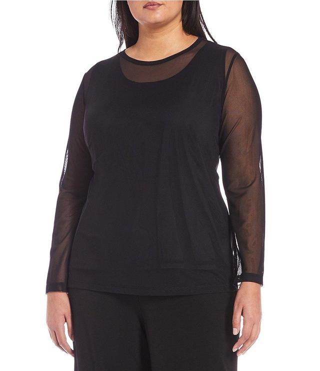 IC Collection Plus Size Sheer Knit Mesh Crew Neck Long Sleeve Top Product Image