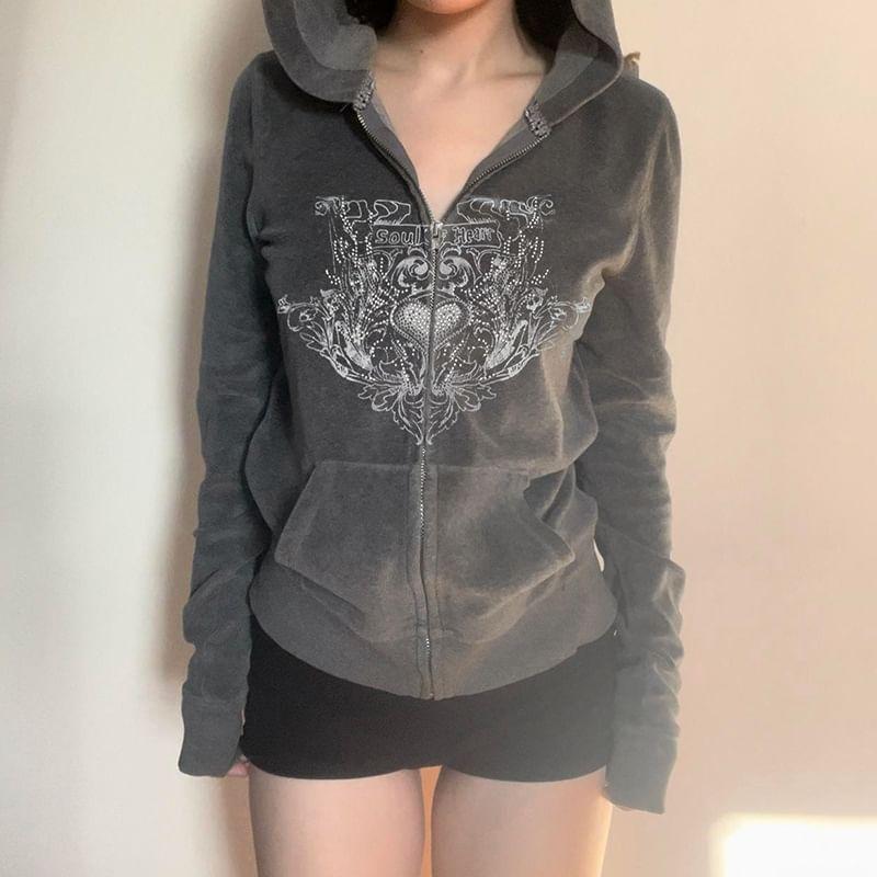 Long Sleeve Heart Rhinestone Zip-Up Hooded Jacket Product Image