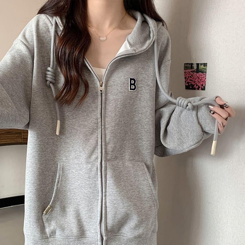 Letter Embroidered Zip Hoodie Product Image