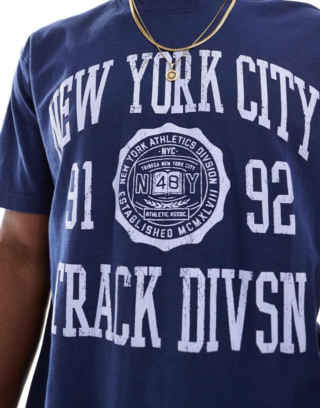 Cotton On loose fit college T-shirt with NY track graphic in indigo Product Image