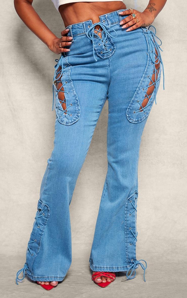 Shape Indigo Blue Wash Stretch Denim Lace Up Flare Jeans Product Image