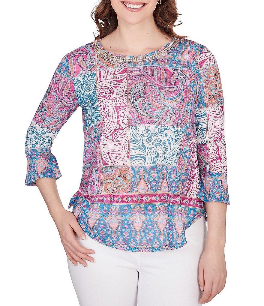 Ruby Rd. Petite Size Shangri-La Print Knit Embellished Crew Neck 3/4 Bell Sleeve Top Product Image