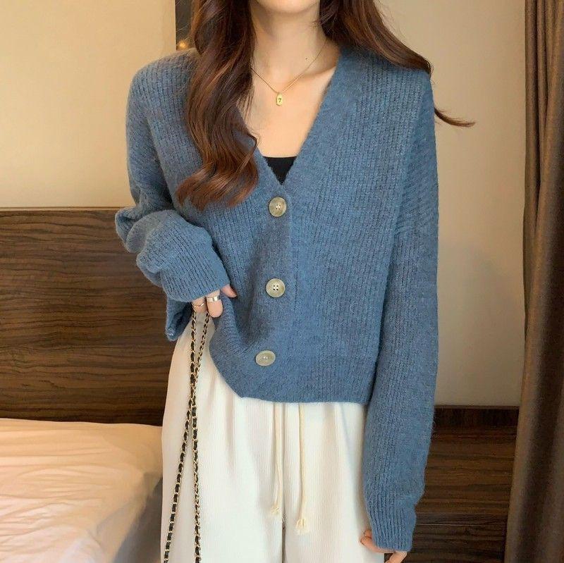 V-Neck Plain Ribbed Cardigan Product Image