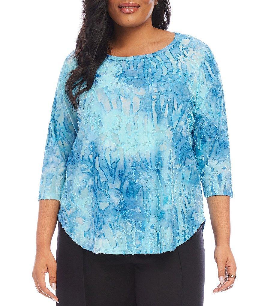 Karen Kane Plus Size Burnout Tie-Dye Print Crew Neck 3/4 Sleeve Shirttail Hem Top Product Image