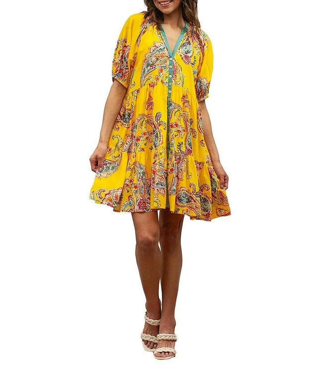 Karyn Seo Watercolor Paisley Print V-Neck Short Puff Sleeve Dress Product Image