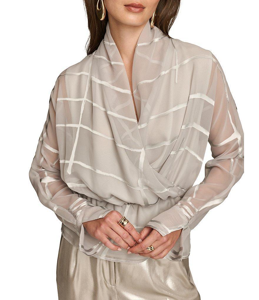 Donna Karan Burnout Woven Stripe Long Sleeve Faux Wrap Top Product Image