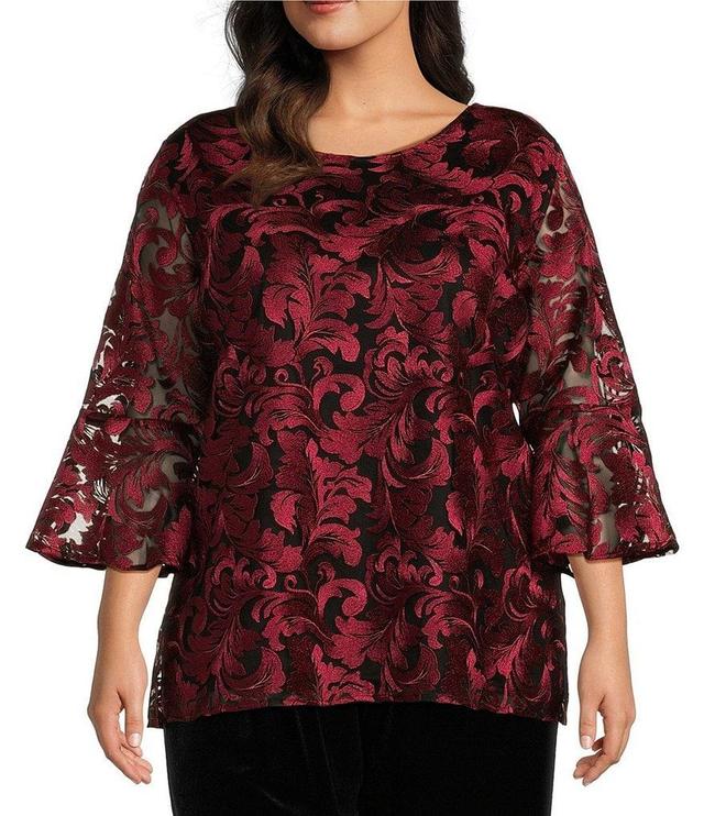 Caroline Rose Plus Size Bella Soiree Embroidered Mesh Lace Scoop Neck 3/4 Bell Sleeve Tunic Product Image