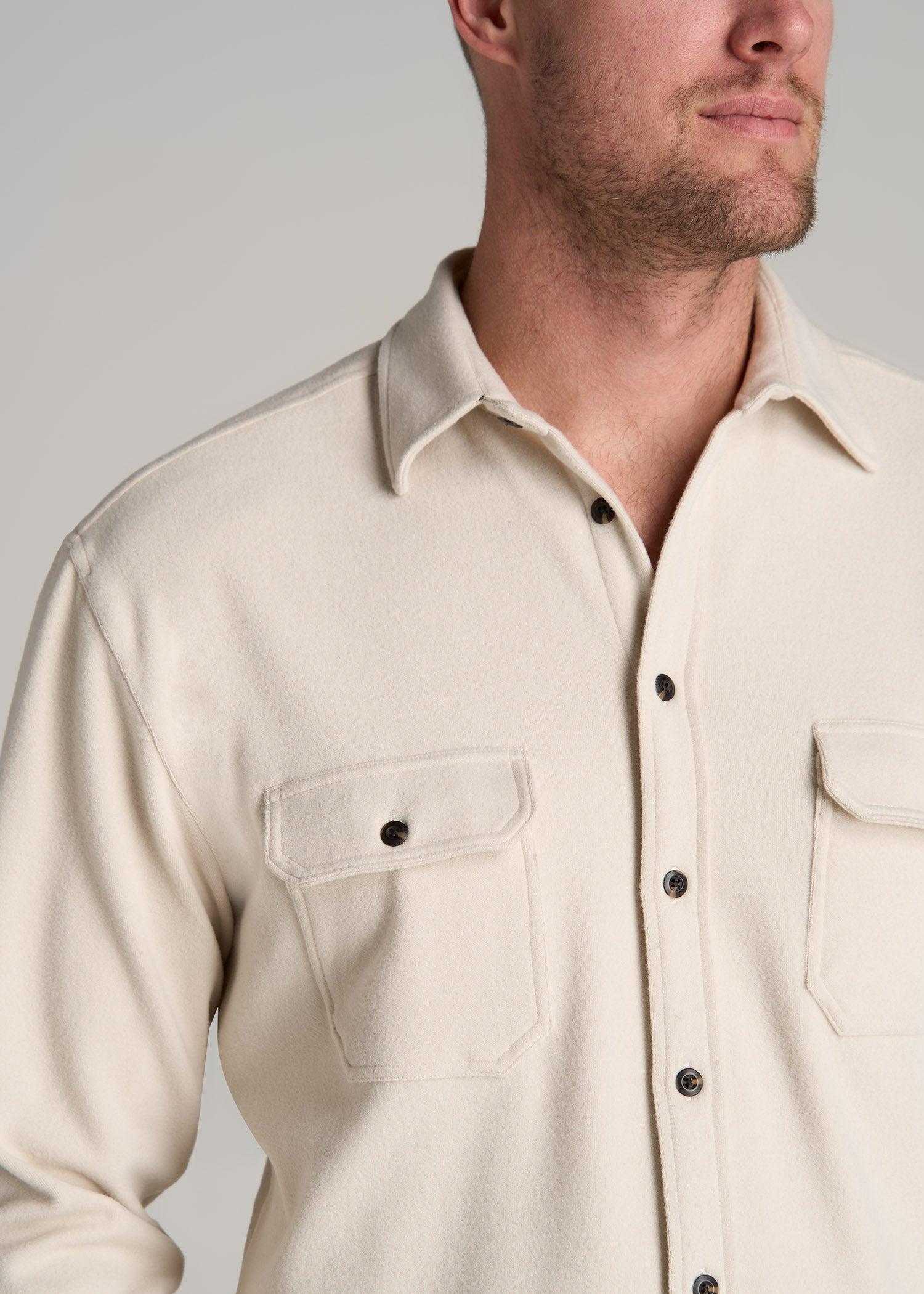 Stretch Flannel Button Tall Men's Shirt in Soft Beige Male Product Image