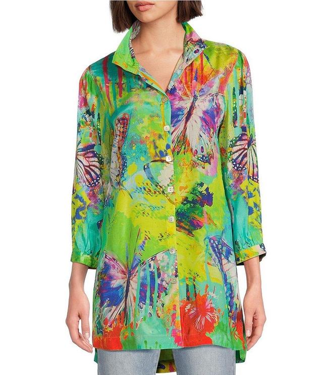 John Mark Butterfly Print Wire Collar 3/4 Sleeve Button Front Tunic Product Image