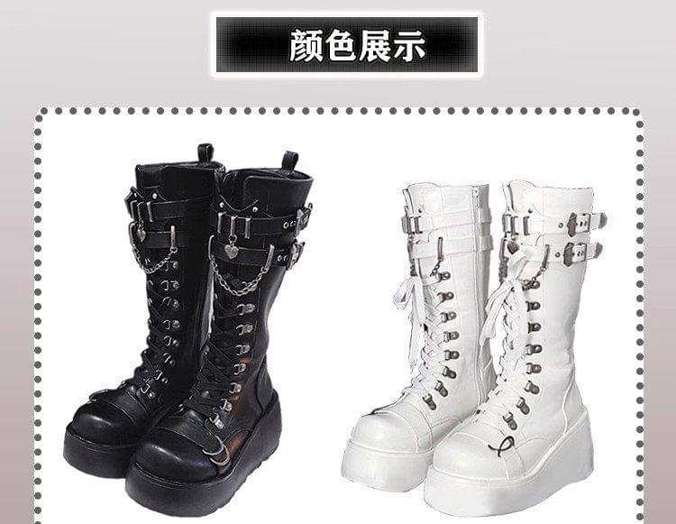 Platform Plain Lace Up Mid Calf Boots Product Image