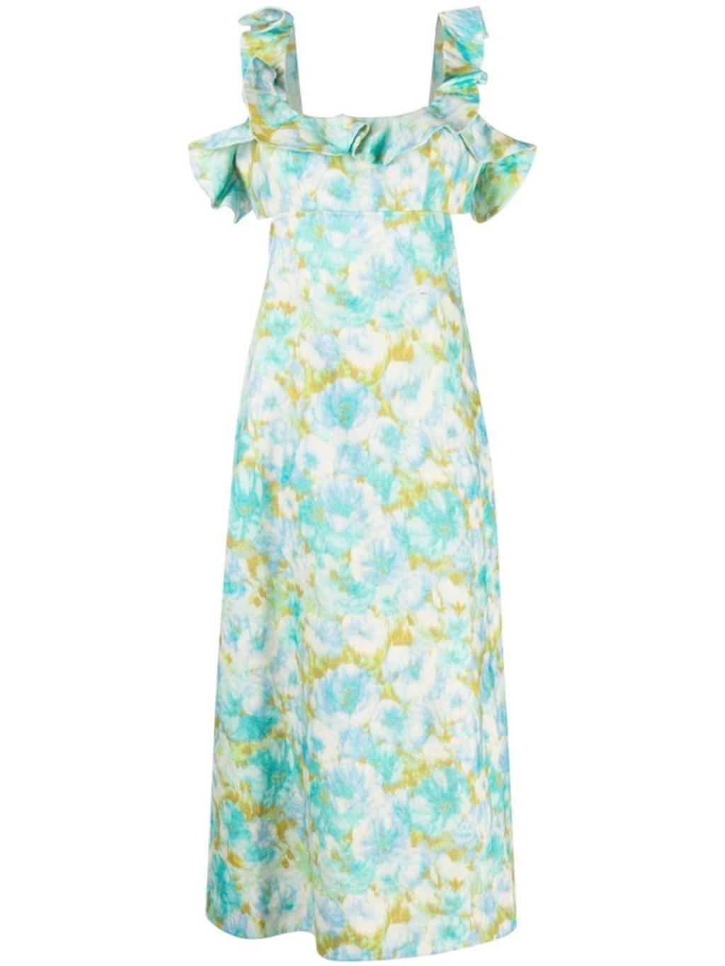 ZIMMERMANN High Tide Open-back Ruffled Floral-print Linen Midi Dress In Aqua Ikat Floral Product Image