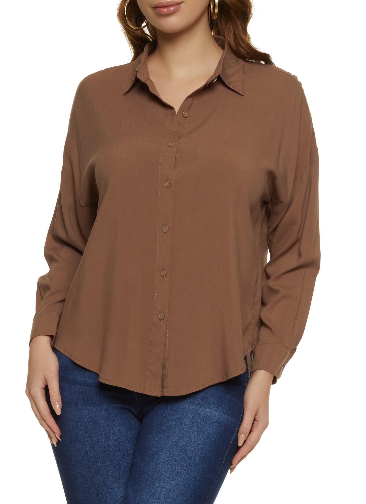 Womens Solid Long Sleeve Button Front Shirt Product Image