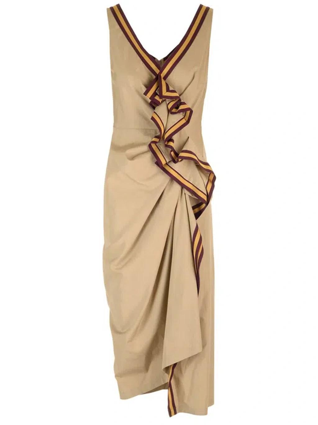 Dinari Tape Ruffle Midi Dress In Beige Product Image