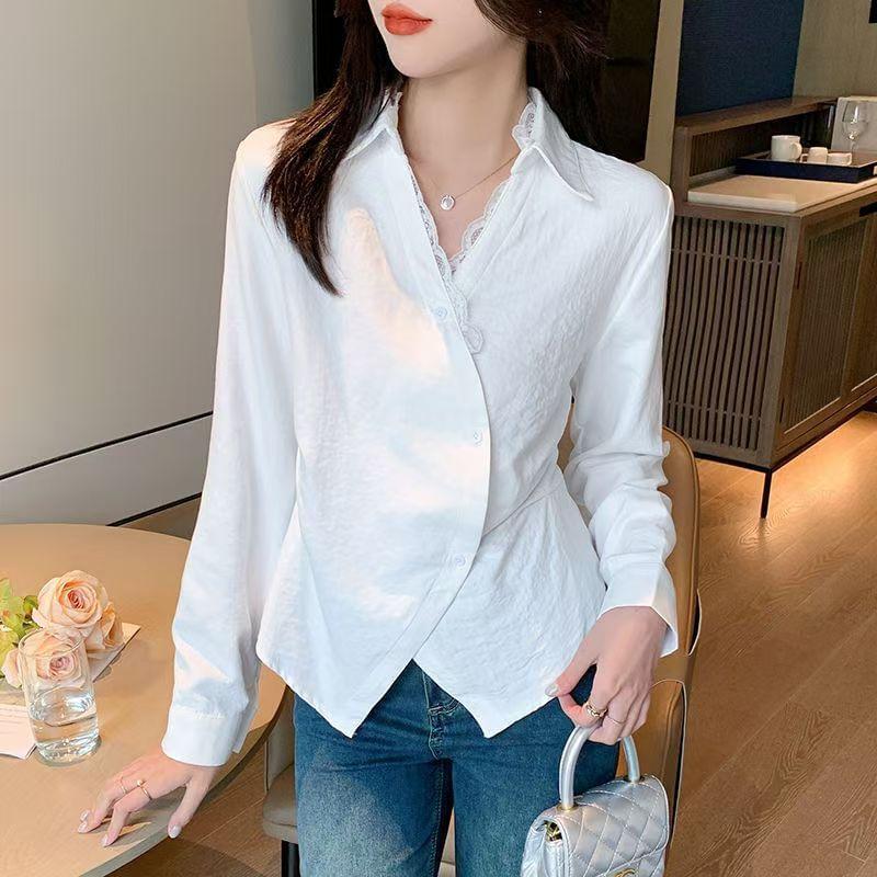 Long Sleeve Collared V-Neck Plain Panel Lace Wrap Shirt Product Image