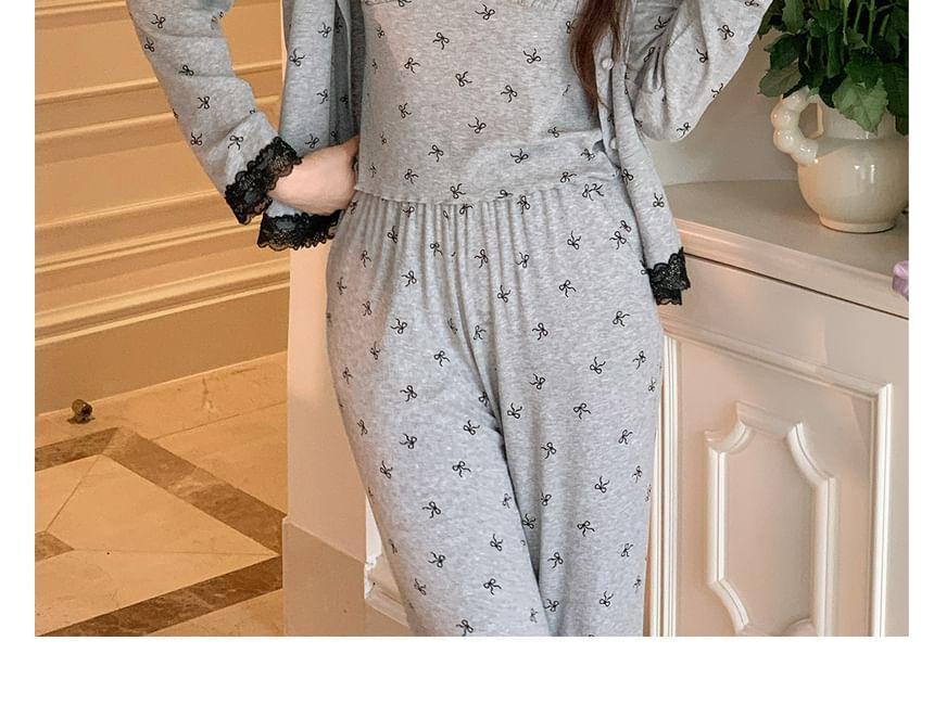 Pajama Set: Bow Print Lace Trim Camisole Top + Light Jacket + Pants Product Image