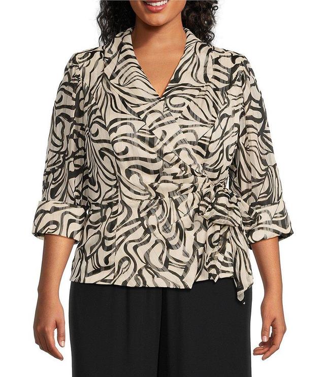 Alex Evenings Plus Size 3/4 Sleeve Collared Neck Tie Waist Printed Blouse Product Image