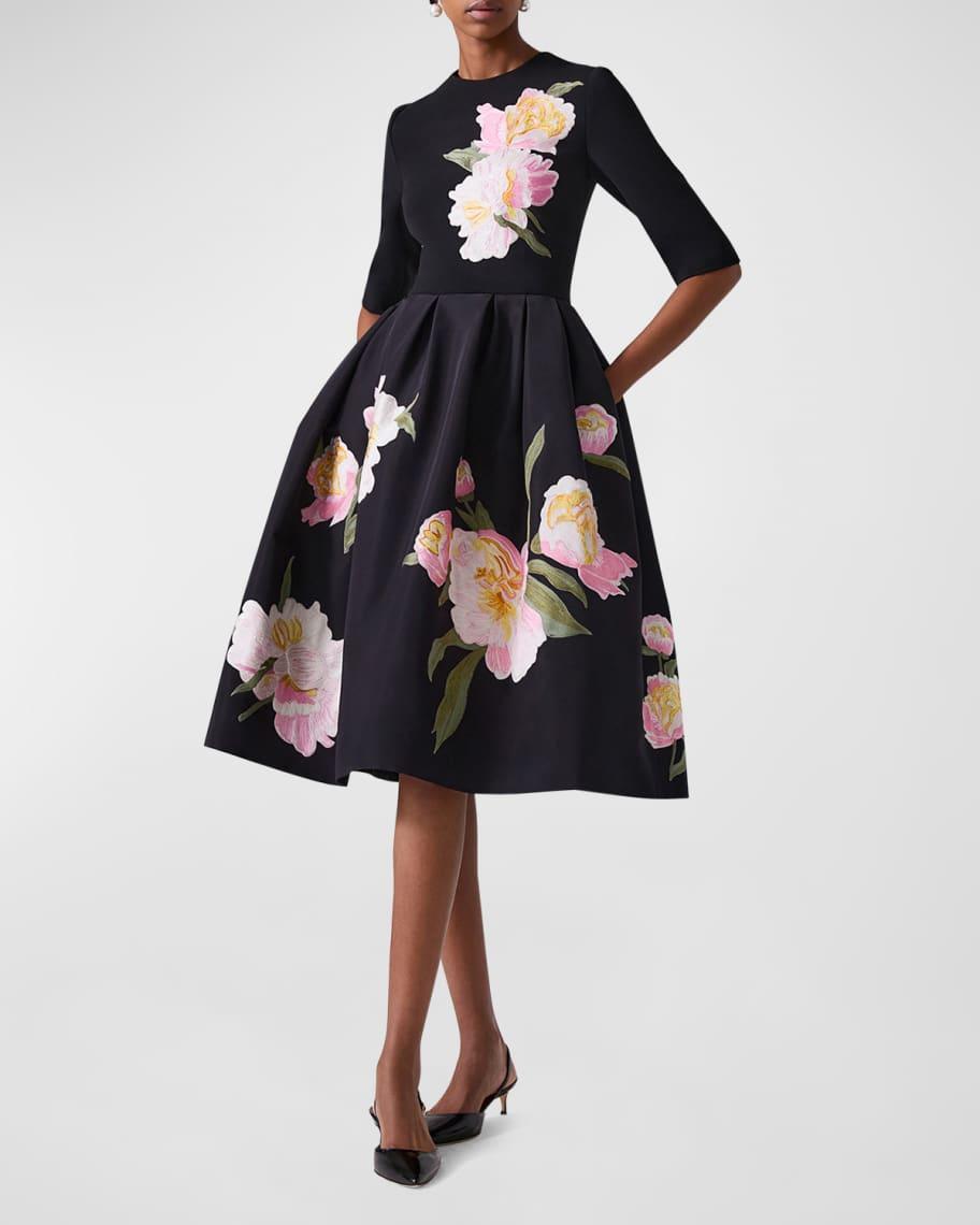 Floral-Embroidered Elbow-Sleeve Pleated Dress Product Image