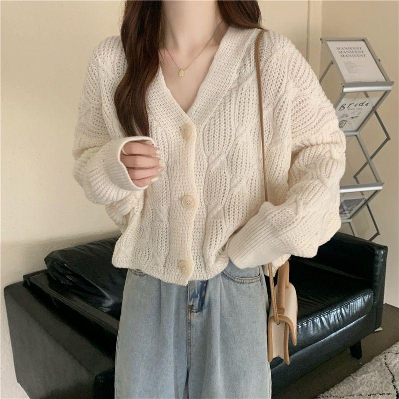 V-Neck Plain Button-Up Cardigan Product Image