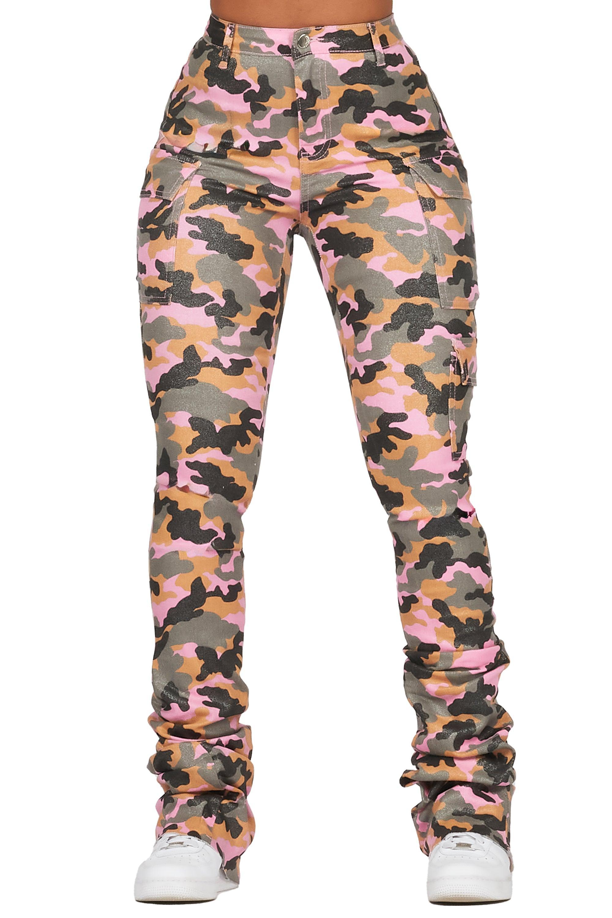 Alaysha Pink Camo Cargo Super Stacked PU Pant Female Product Image