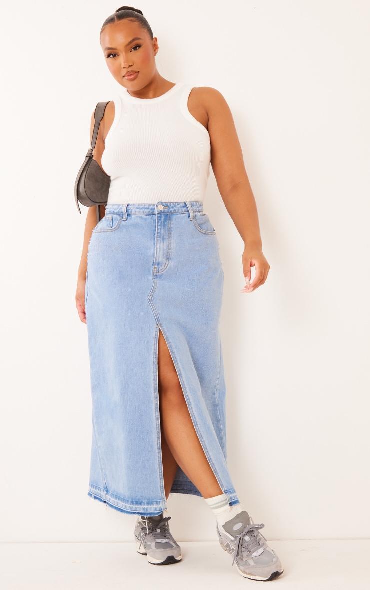 Plus Light Blue Wash Split Front Denim Maxi Skirt product image