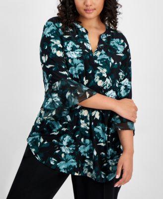 Plus Size Printed Split-Neck Bell-Sleeve Blouse product image