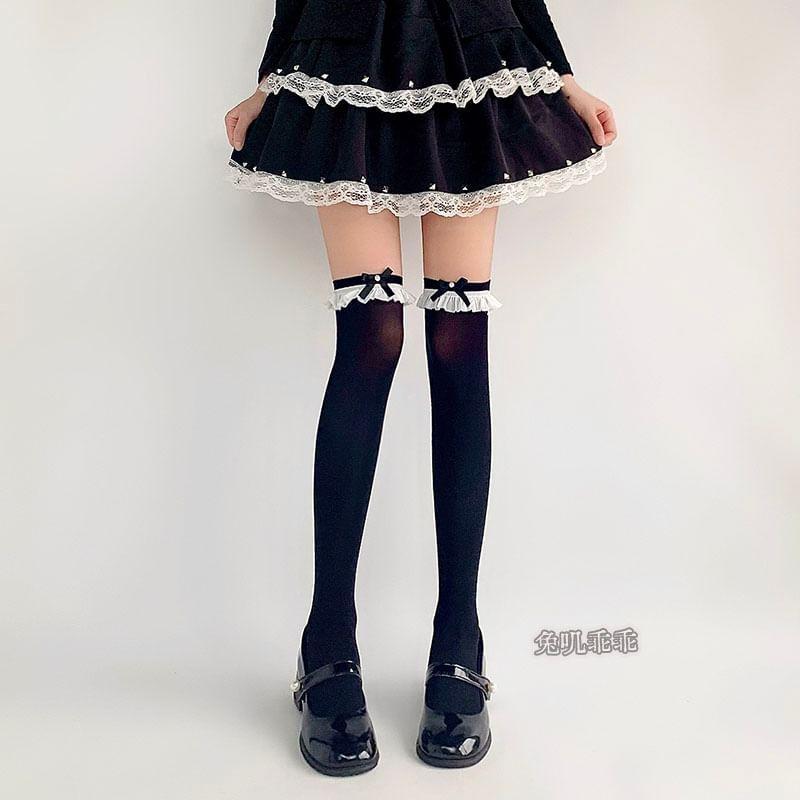 Bow Lace Trim Over-the-Knee Socks Product Image