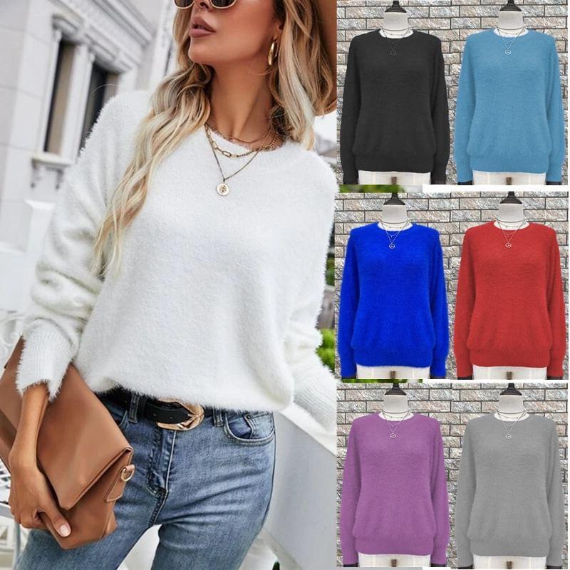 Round Neck Plain Sweater Product Image