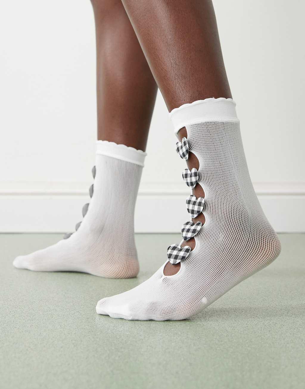 Reclaimed Vintage ankle socks with gingham hearts in white Product Image