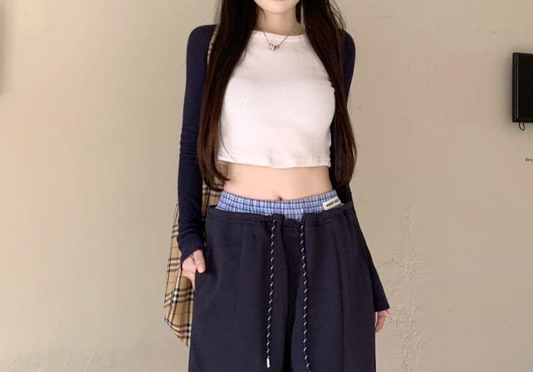 Mid Rise Plain Plaid Panel Wide Leg Pants Product Image