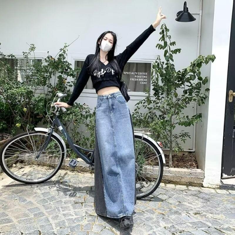 High Waist Two Tone Washed Denim Maxi A-Line Skirt Product Image