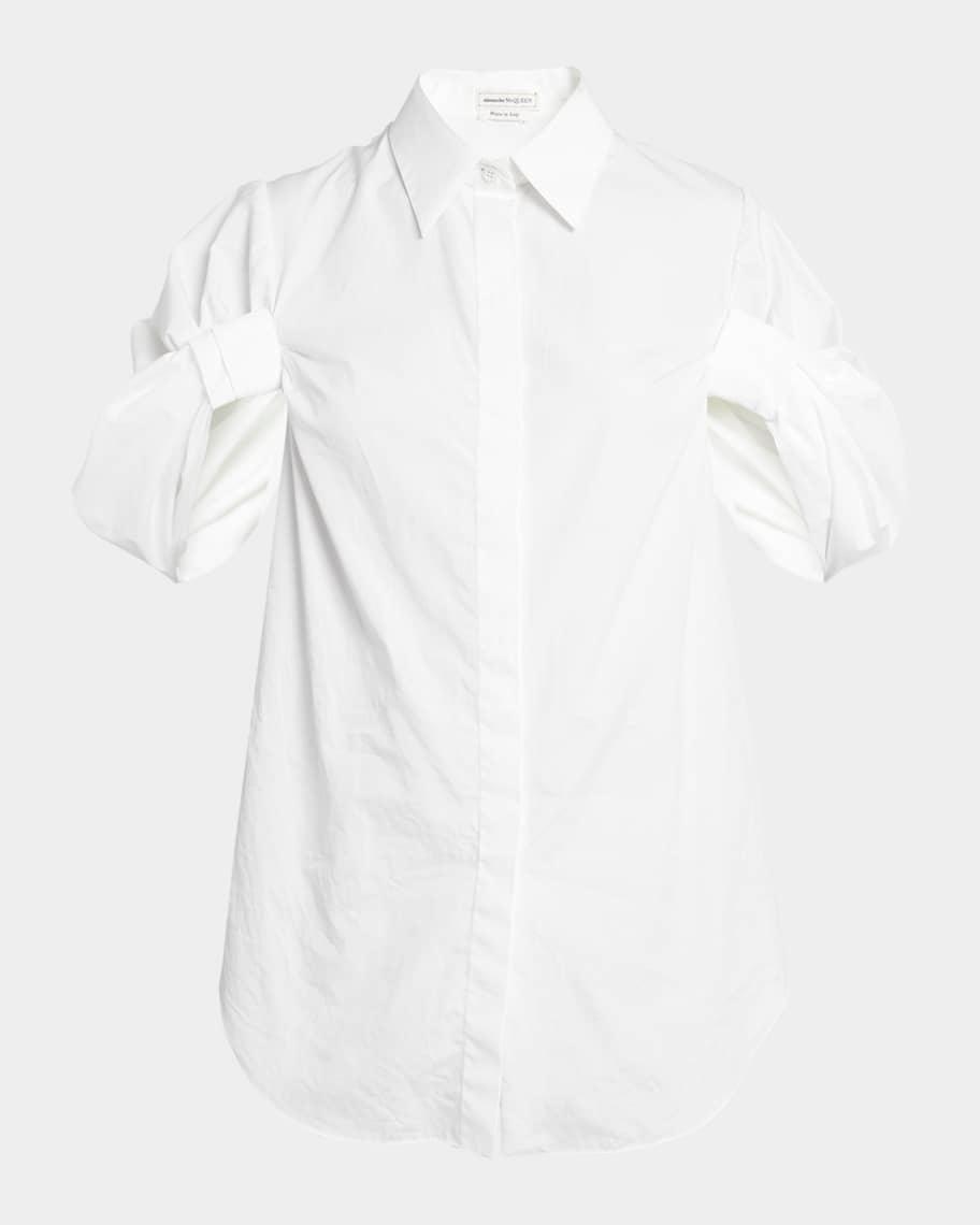 Ruched Puff-Sleeve Button-Front Blouse Product Image