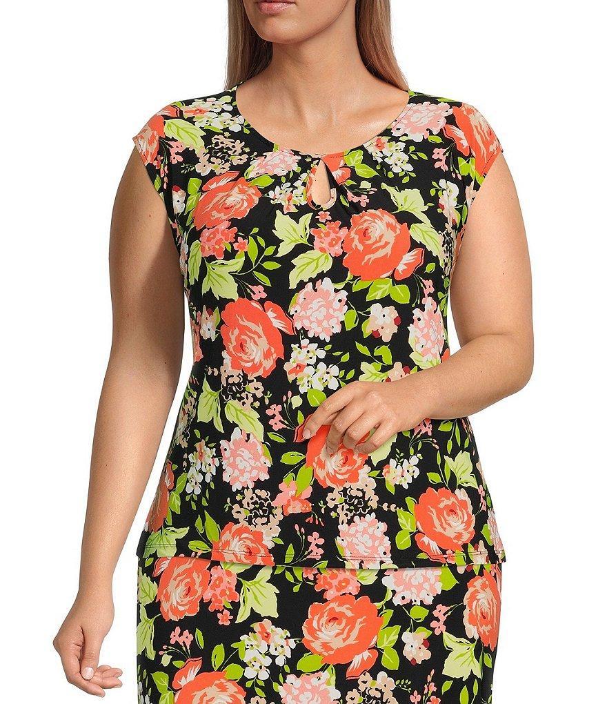 Kasper Plus Size Printed Keyhole Neck Cap Sleeve Coordinating Top Product Image