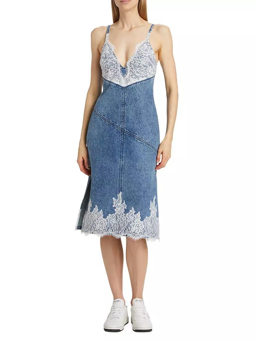 Lace-Embellished Denim Midi-Dress Product Image